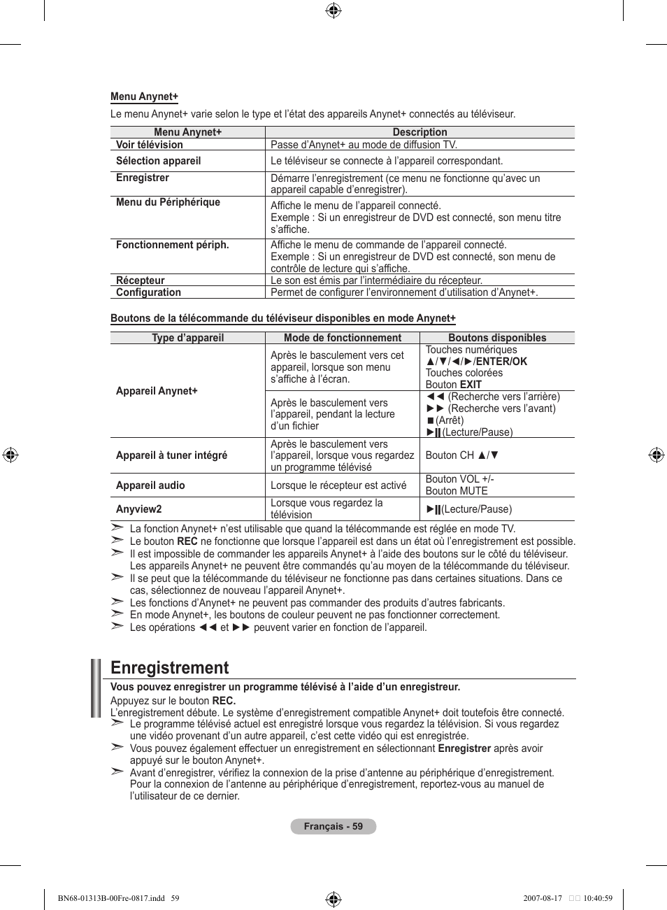Enregistrement | Samsung LE52F96BD User Manual | Page 125 / 516