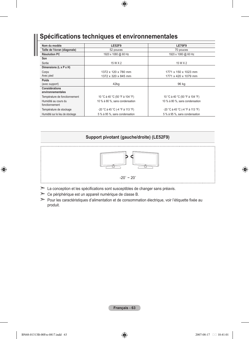 Spécifications techniques et environnementales, Support pivotant (gauche/droite) (le5f9) | Samsung LE52F96BD User Manual | Page 129 / 516