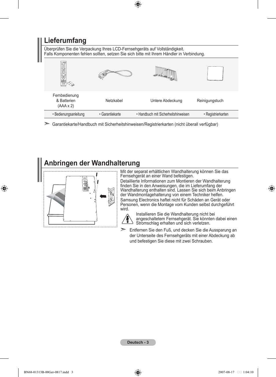Lieferumfang, Anbringen der wandhalterung | Samsung LE52F96BD User Manual | Page 133 / 516