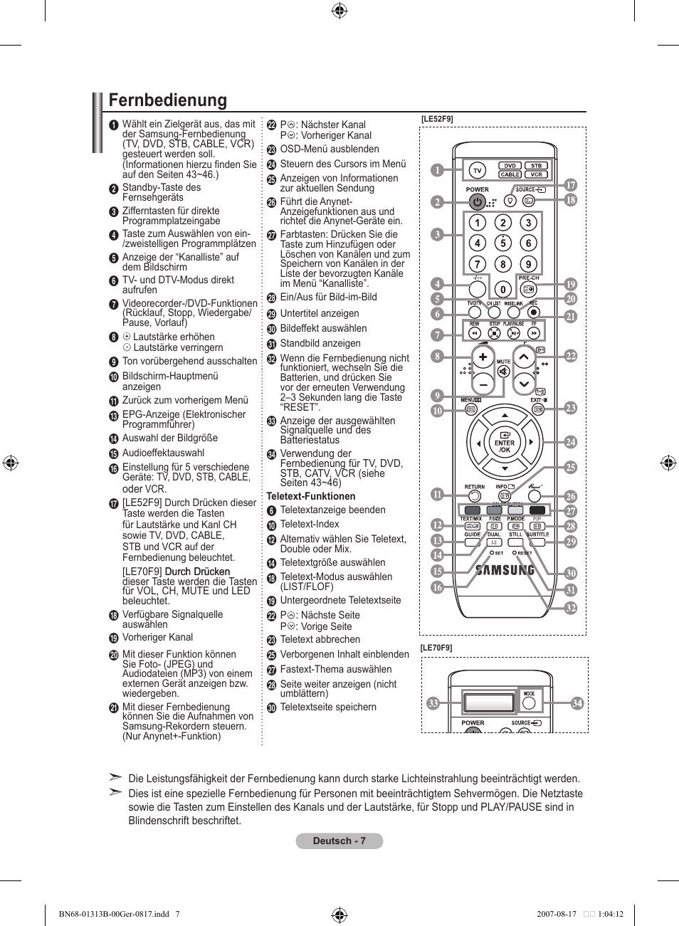 Fernbedienung | Samsung LE52F96BD User Manual | Page 137 / 516