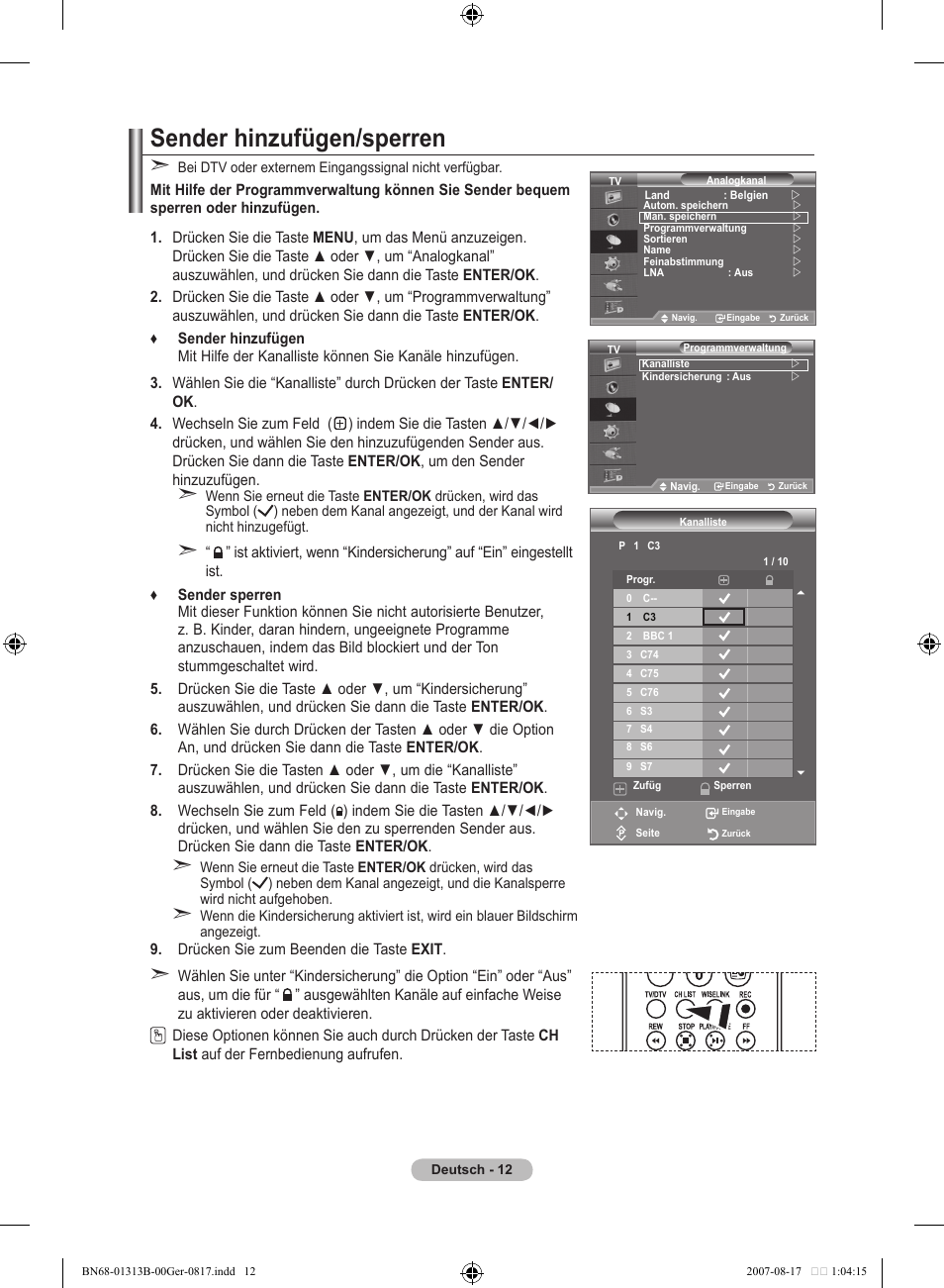 Sender hinzufügen/sperren | Samsung LE52F96BD User Manual | Page 142 / 516