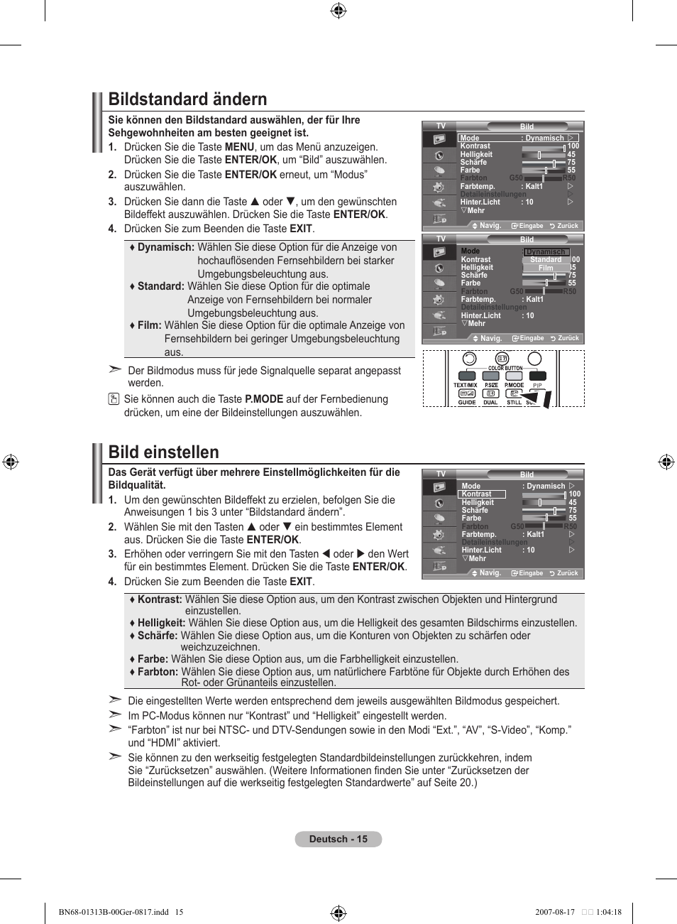 Bildstandard ändern, Bild einstellen | Samsung LE52F96BD User Manual | Page 145 / 516