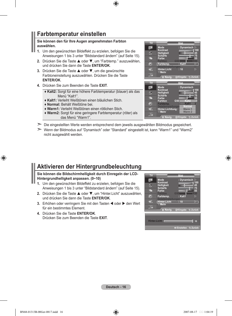 Farbtemperatur einstellen, Aktivieren der hintergrundbeleuchtung | Samsung LE52F96BD User Manual | Page 146 / 516