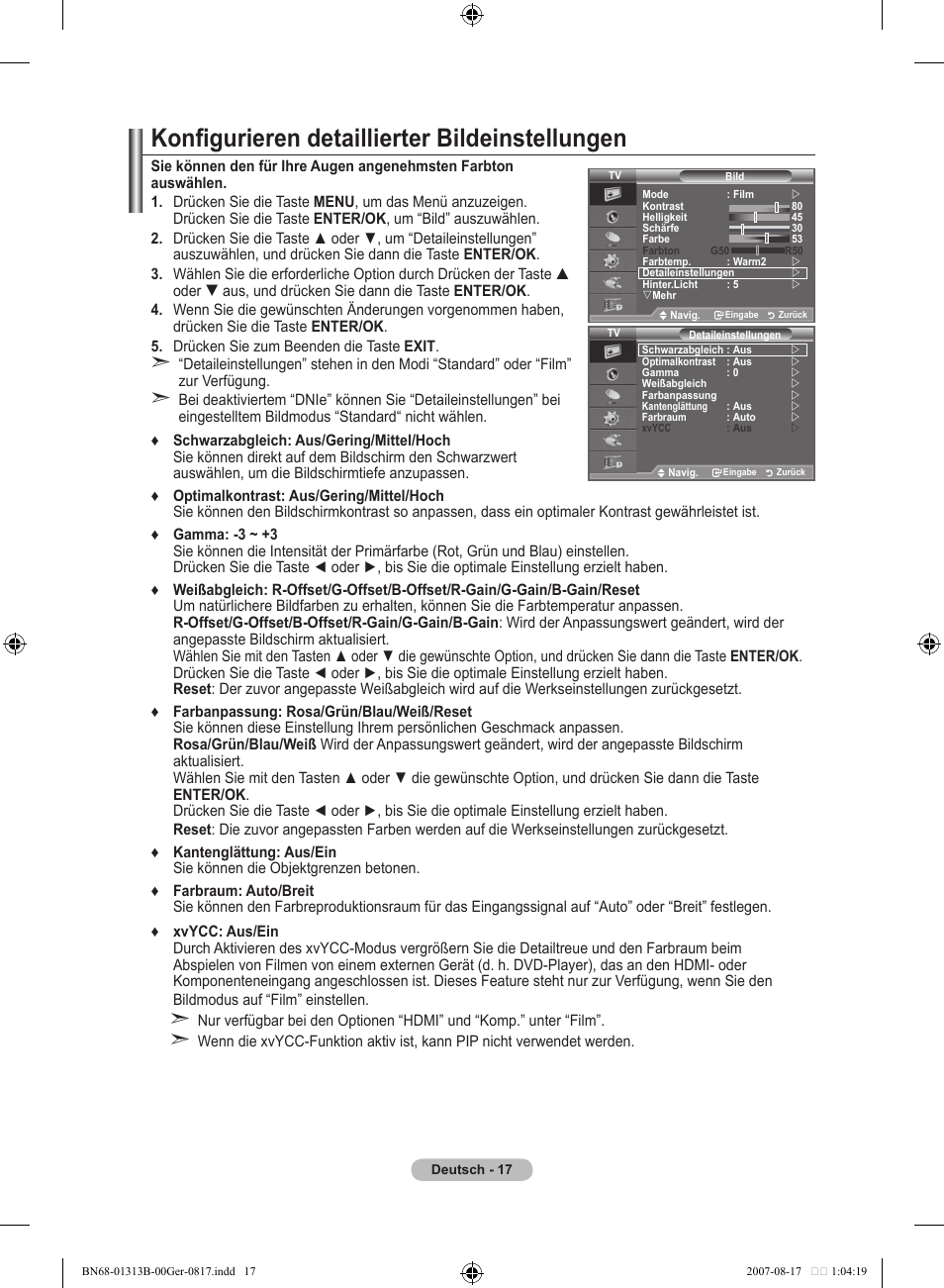 Konfigurieren detaillierter bildeinstellungen | Samsung LE52F96BD User Manual | Page 147 / 516