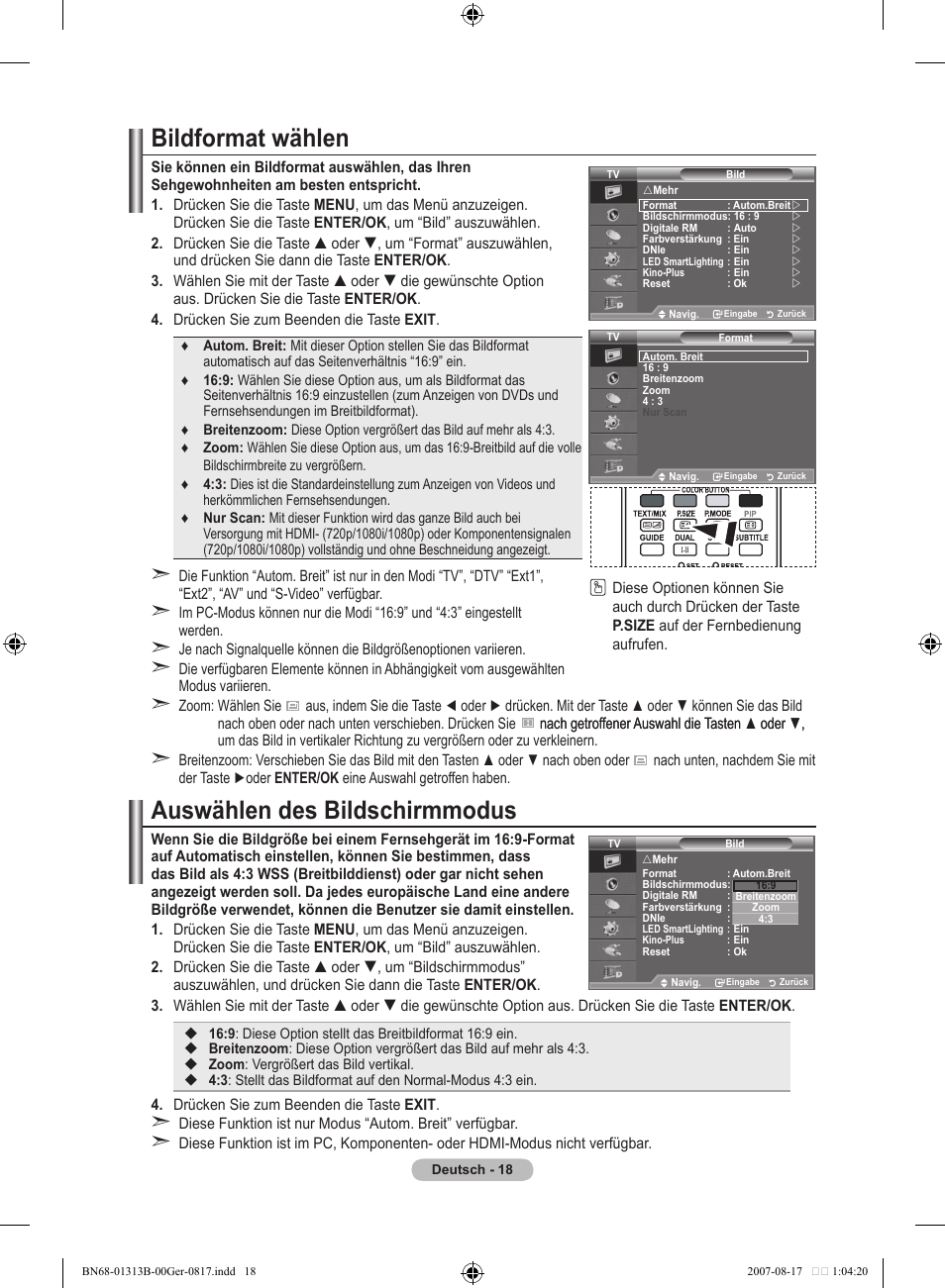 Bildformat wählen, Auswählen des bildschirmmodus | Samsung LE52F96BD User Manual | Page 148 / 516