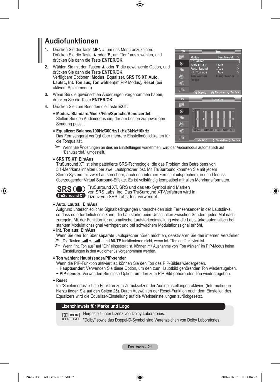Audiofunktionen | Samsung LE52F96BD User Manual | Page 151 / 516