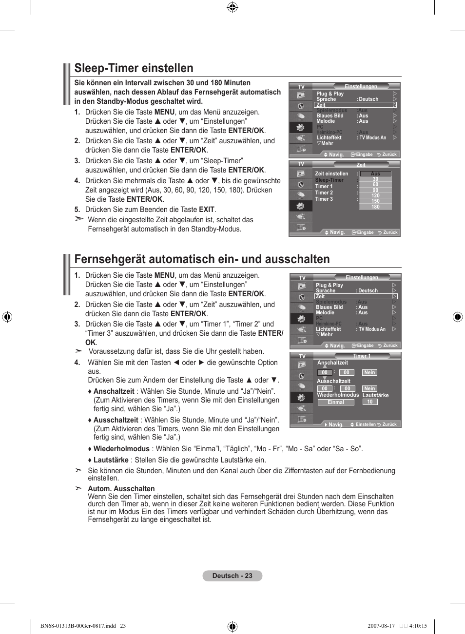 Sleep-timer einstellen, Fernsehgerät automatisch ein- und ausschalten | Samsung LE52F96BD User Manual | Page 153 / 516