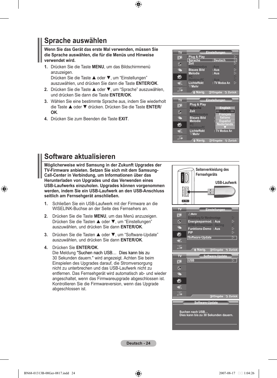 Sprache auswählen, Software aktualisieren | Samsung LE52F96BD User Manual | Page 154 / 516