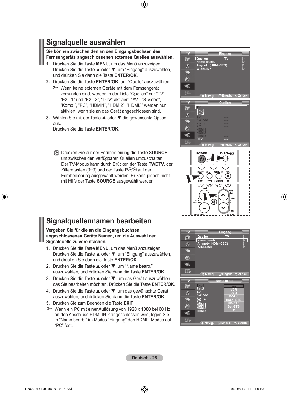Signalquelle auswählen, Signalquellennamen bearbeiten | Samsung LE52F96BD User Manual | Page 156 / 516