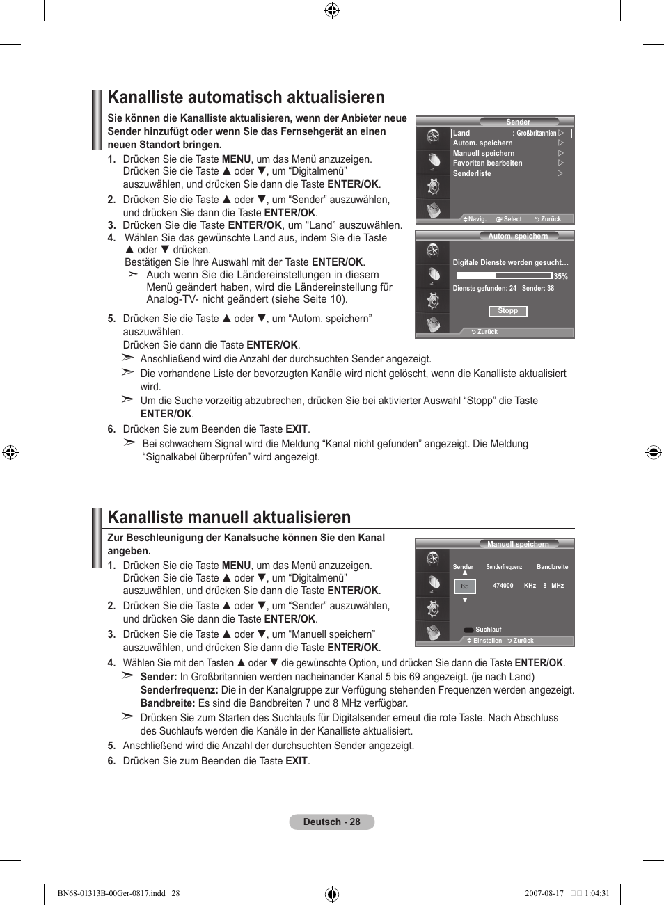 Kanalliste automatisch aktualisieren, Kanalliste manuell aktualisieren | Samsung LE52F96BD User Manual | Page 158 / 516