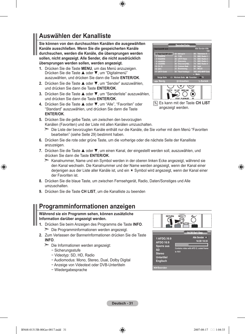 Auswählen der kanalliste, Programminformationen anzeigen | Samsung LE52F96BD User Manual | Page 161 / 516