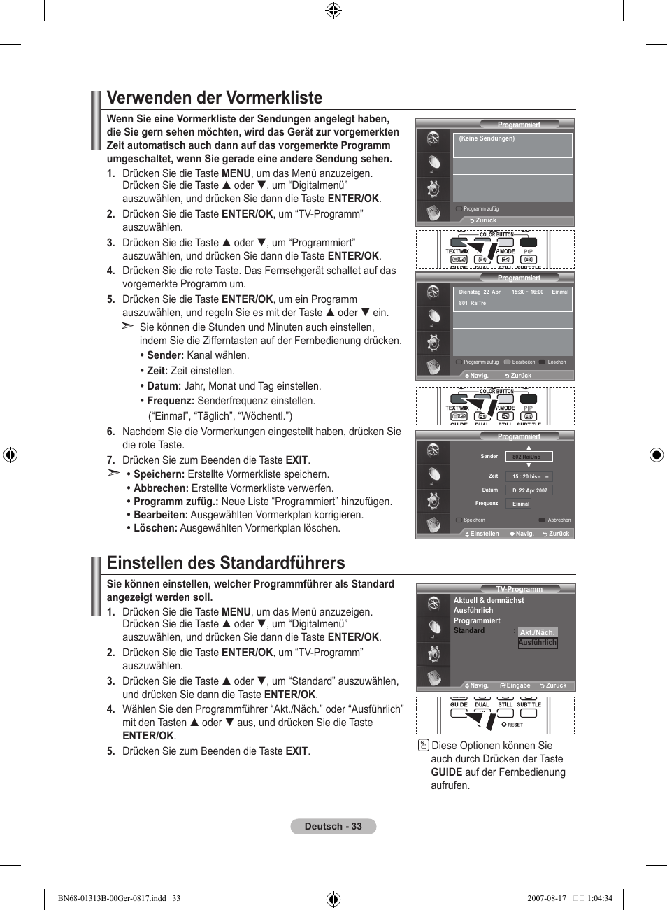 Verwenden der vormerkliste, Einstellen des standardführers | Samsung LE52F96BD User Manual | Page 163 / 516