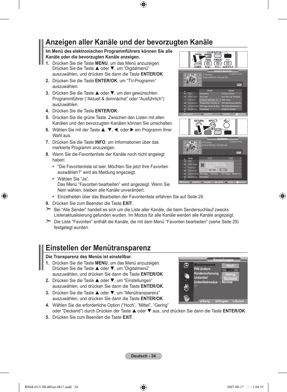 Anzeigen aller kanäle und der bevorzugten kanäle, Einstellen der menütransparenz | Samsung LE52F96BD User Manual | Page 164 / 516