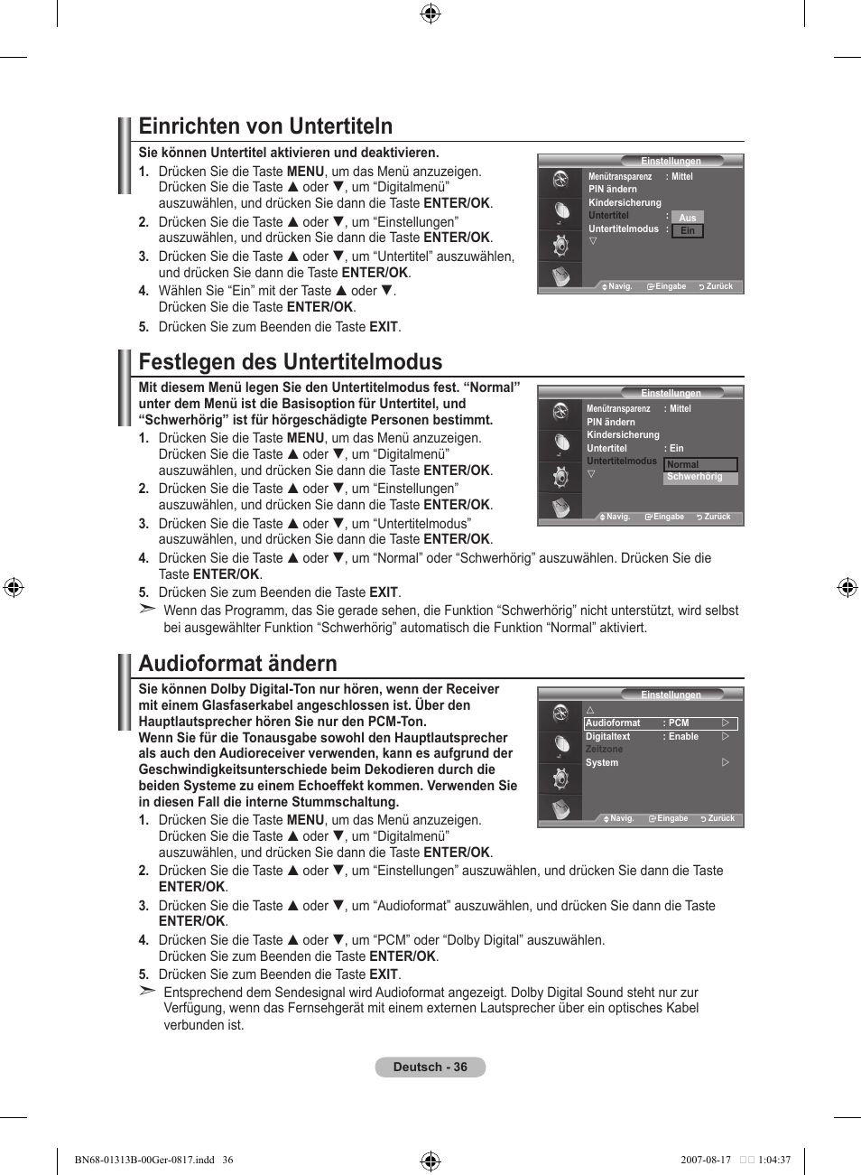 Einrichten von untertiteln, Festlegen des untertitelmodus, Audioformat ändern | Samsung LE52F96BD User Manual | Page 166 / 516