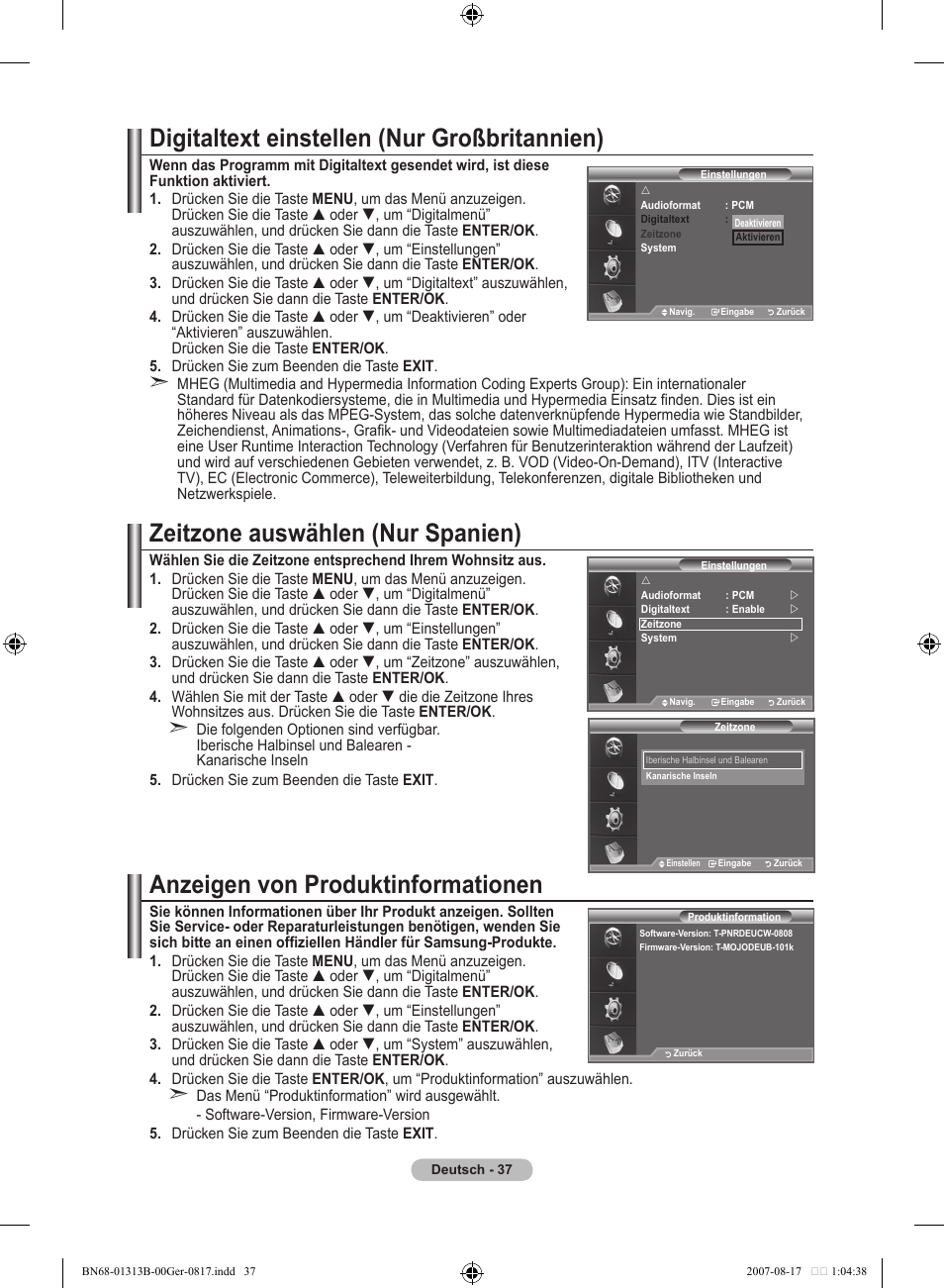 Digitaltext einstellen (nur großbritannien), Zeitzone auswählen (nur spanien), Anzeigen von produktinformationen | Samsung LE52F96BD User Manual | Page 167 / 516
