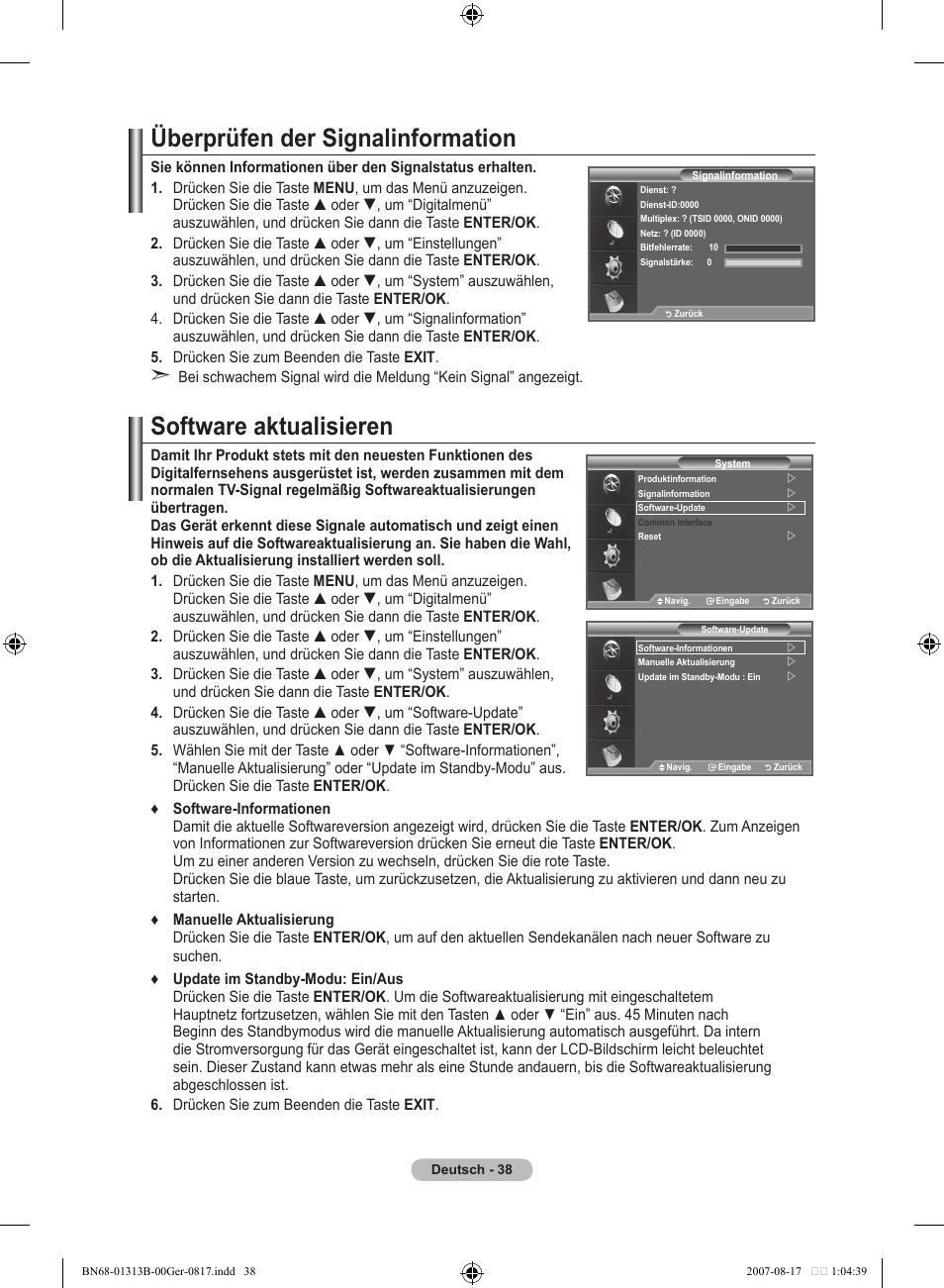 Überprüfen der signalinformation, Software aktualisieren | Samsung LE52F96BD User Manual | Page 168 / 516