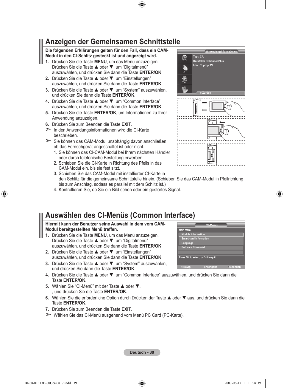 Anzeigen der gemeinsamen schnittstelle, Auswählen des ci-menüs (common interface) | Samsung LE52F96BD User Manual | Page 169 / 516