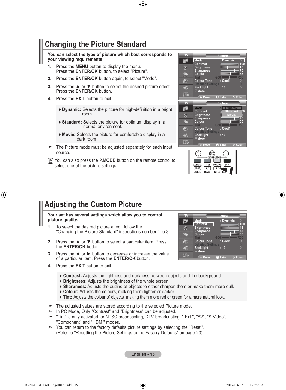Setting the picture, Changing the picture standard, Adjusting the custom picture | Samsung LE52F96BD User Manual | Page 17 / 516