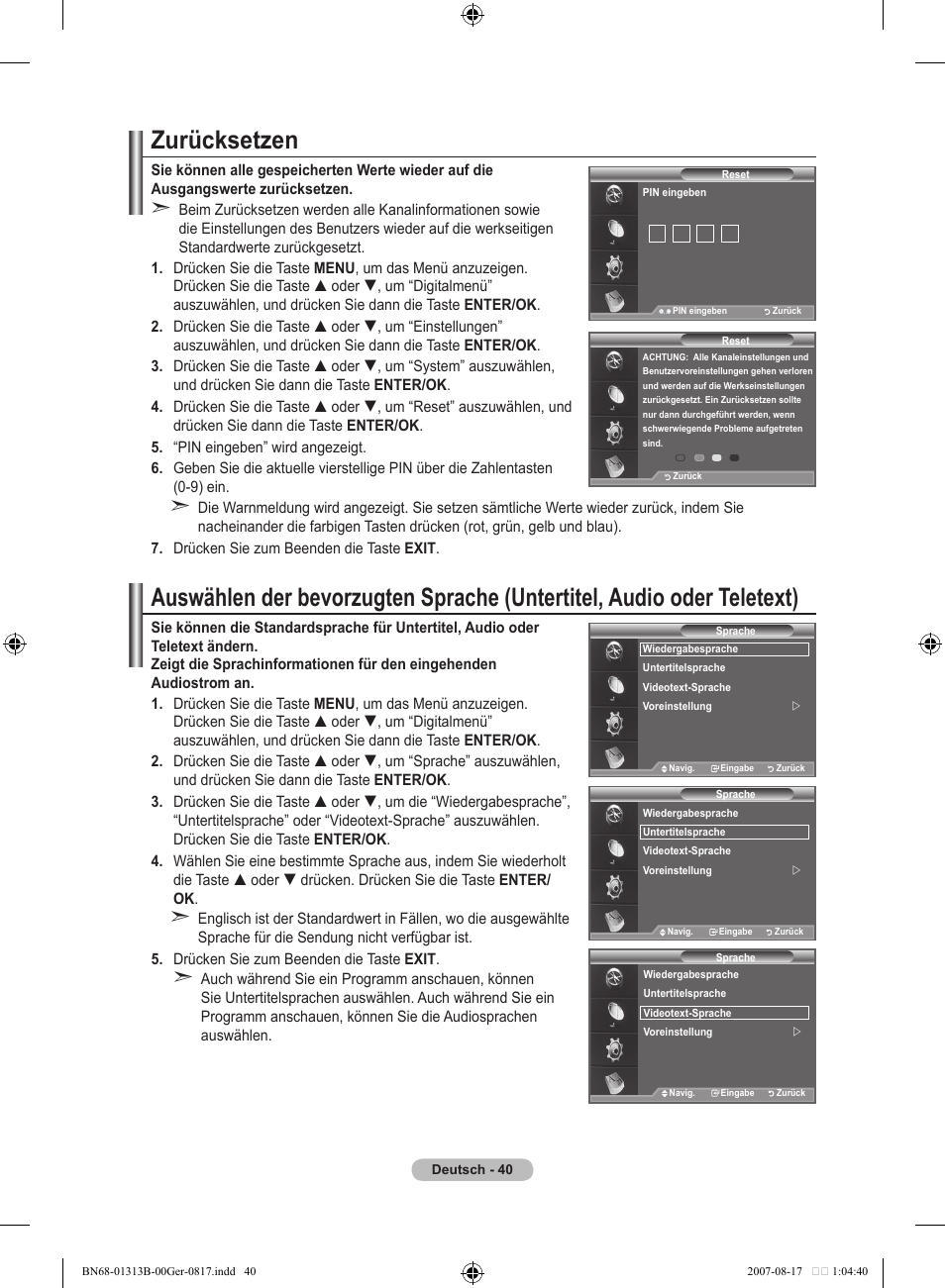 Zurücksetzen | Samsung LE52F96BD User Manual | Page 170 / 516