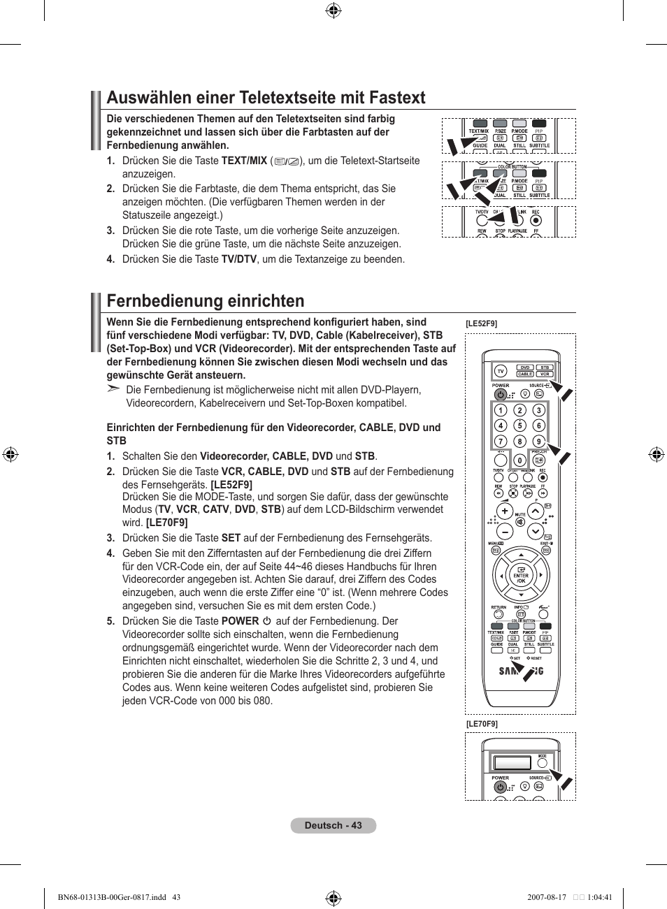 Auswählen einer teletextseite mit fastext, Fernbedienung einrichten | Samsung LE52F96BD User Manual | Page 173 / 516