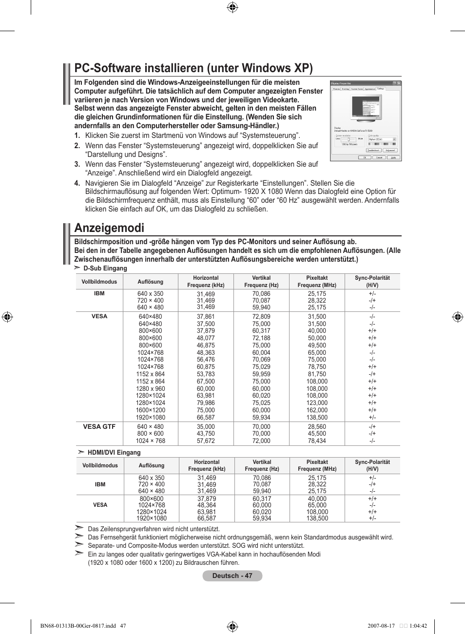 Pc-software installieren (unter windows xp), Anzeigemodi | Samsung LE52F96BD User Manual | Page 177 / 516