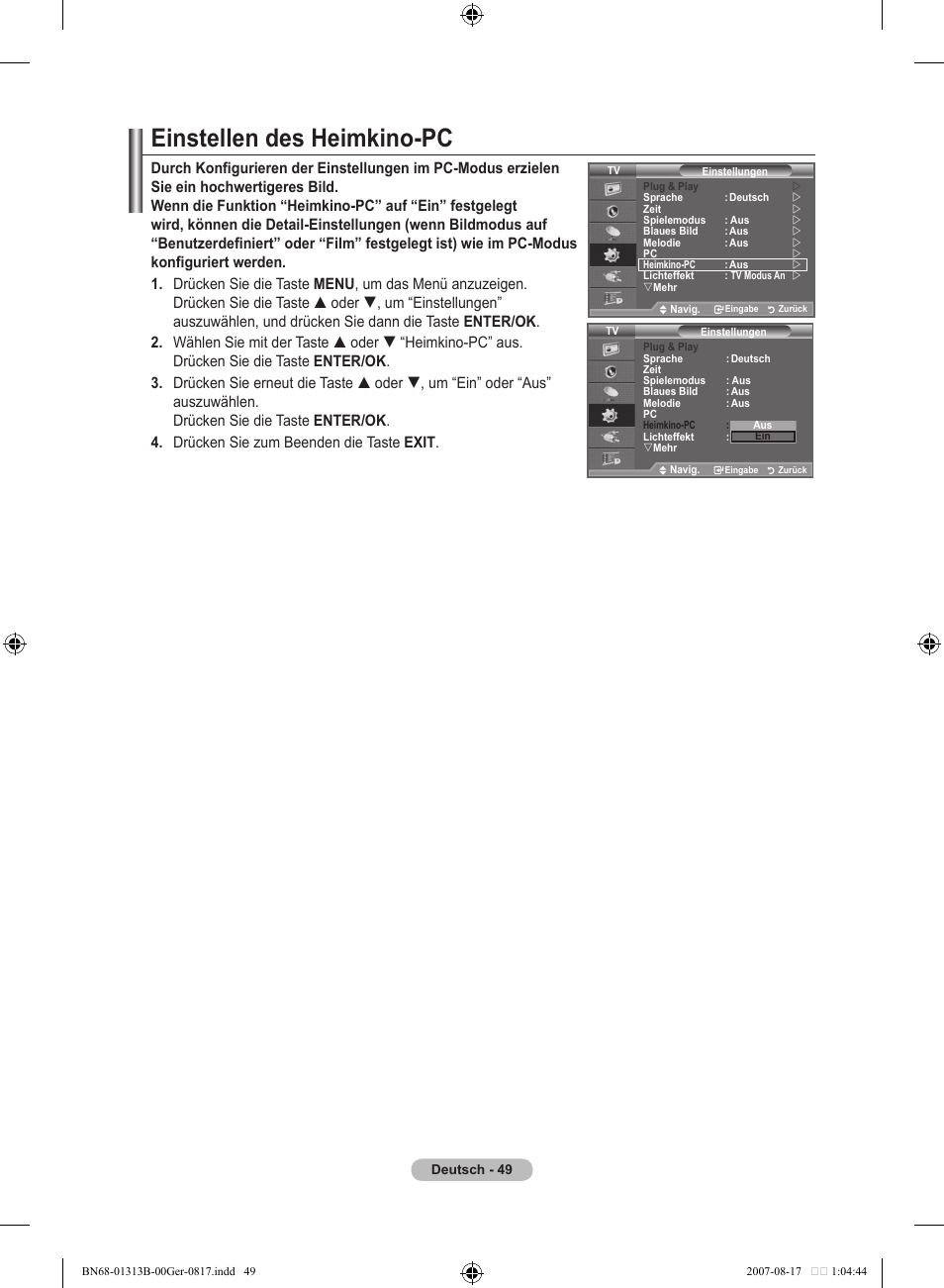 Einstellen des heimkino-pc | Samsung LE52F96BD User Manual | Page 179 / 516