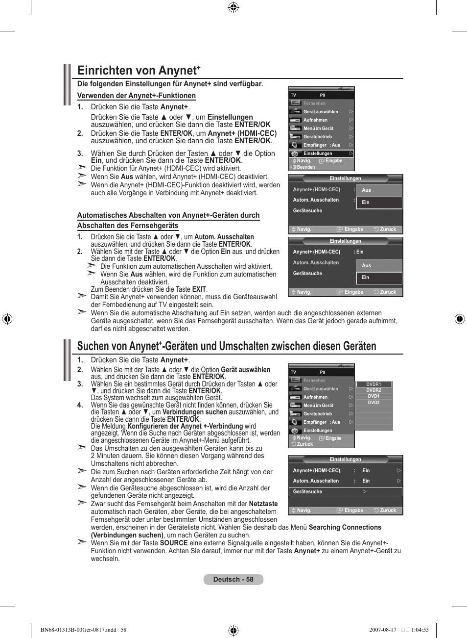 Einrichten von anynet, Suchen von anynet, Geräten und umschalten zwischen diesen geräten | Samsung LE52F96BD User Manual | Page 188 / 516