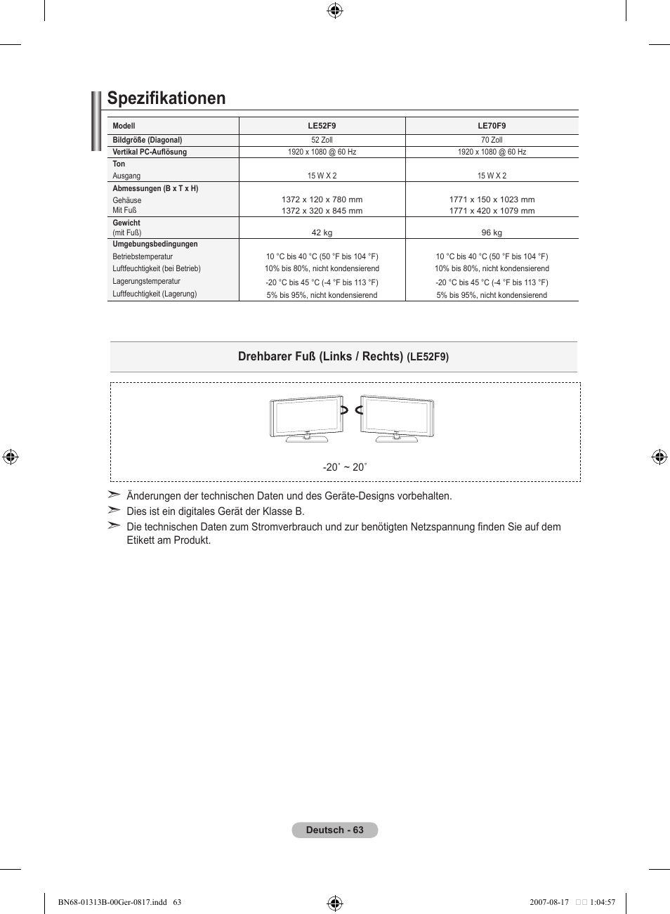 Spezifikationen, Drehbarer fuß (links / rechts) | Samsung LE52F96BD User Manual | Page 193 / 516