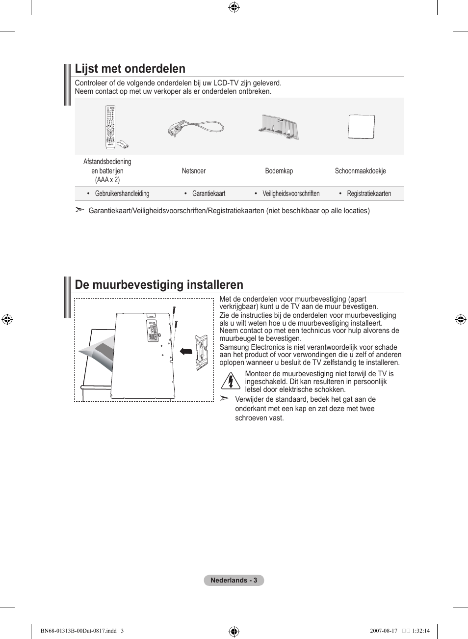 Lijst met onderdelen, De muurbevestiging installeren | Samsung LE52F96BD User Manual | Page 197 / 516