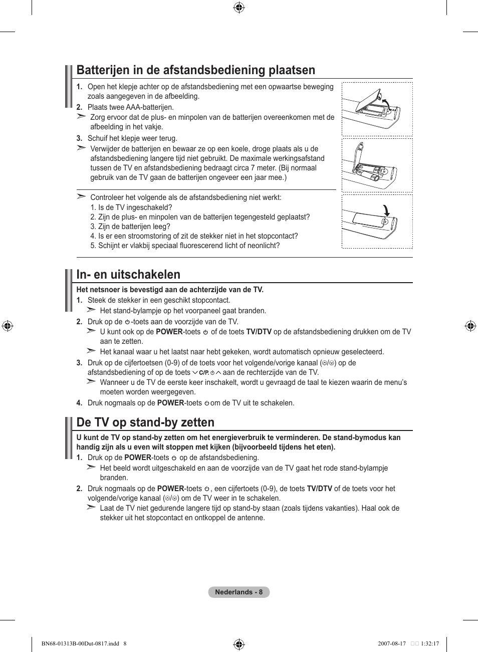Batterijen in de afstandsbediening plaatsen, In- en uitschakelen, De tv op stand-by zetten | Samsung LE52F96BD User Manual | Page 202 / 516