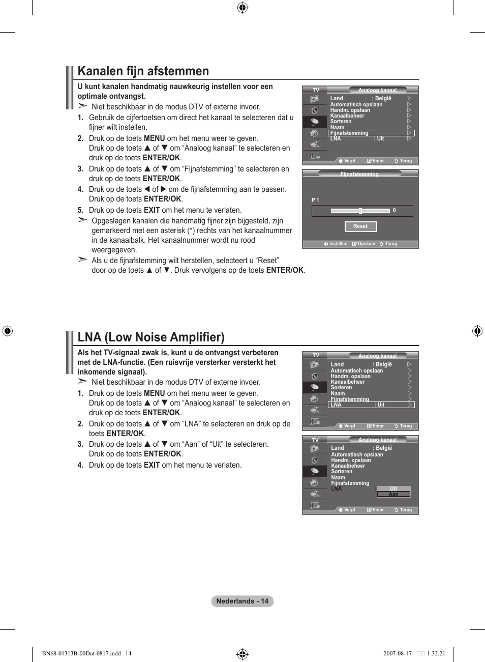 Kanalen fijn afstemmen, Lna (low noise amplifier) | Samsung LE52F96BD User Manual | Page 208 / 516