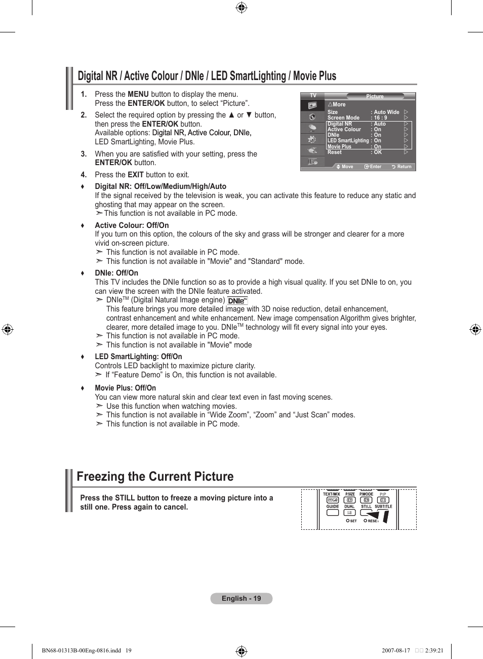 Freezing the current picture | Samsung LE52F96BD User Manual | Page 21 / 516
