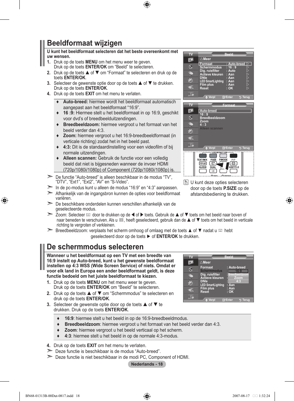 Beeldformaat wijzigen, De schermmodus selecteren | Samsung LE52F96BD User Manual | Page 212 / 516