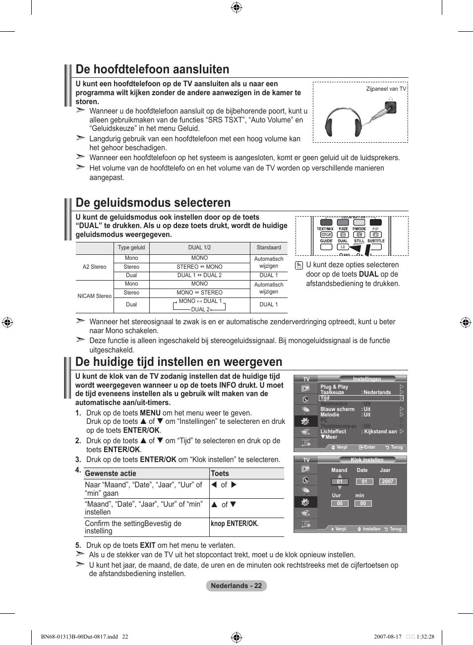 De hoofdtelefoon aansluiten, De geluidsmodus selecteren, De huidige tijd instellen en weergeven | Samsung LE52F96BD User Manual | Page 216 / 516