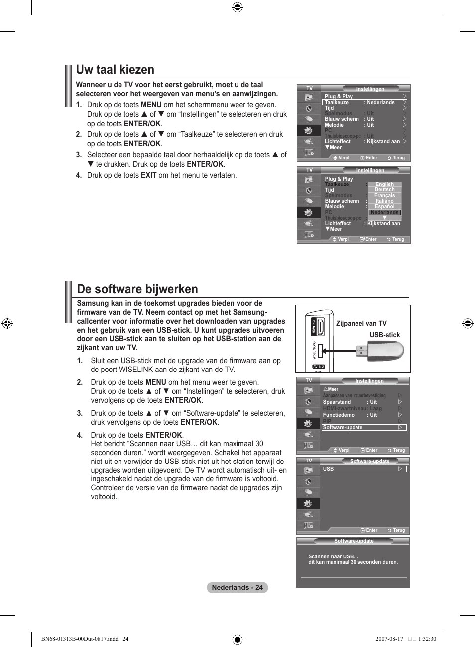 Uw taal kiezen, De software bijwerken | Samsung LE52F96BD User Manual | Page 218 / 516