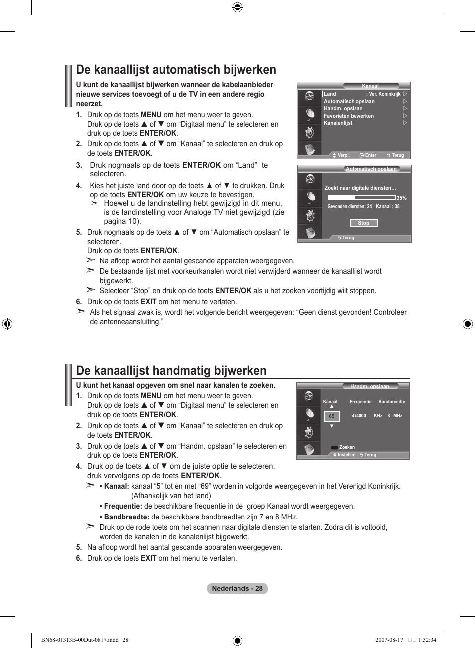 De kanaallijst automatisch bijwerken, De kanaallijst handmatig bijwerken | Samsung LE52F96BD User Manual | Page 222 / 516