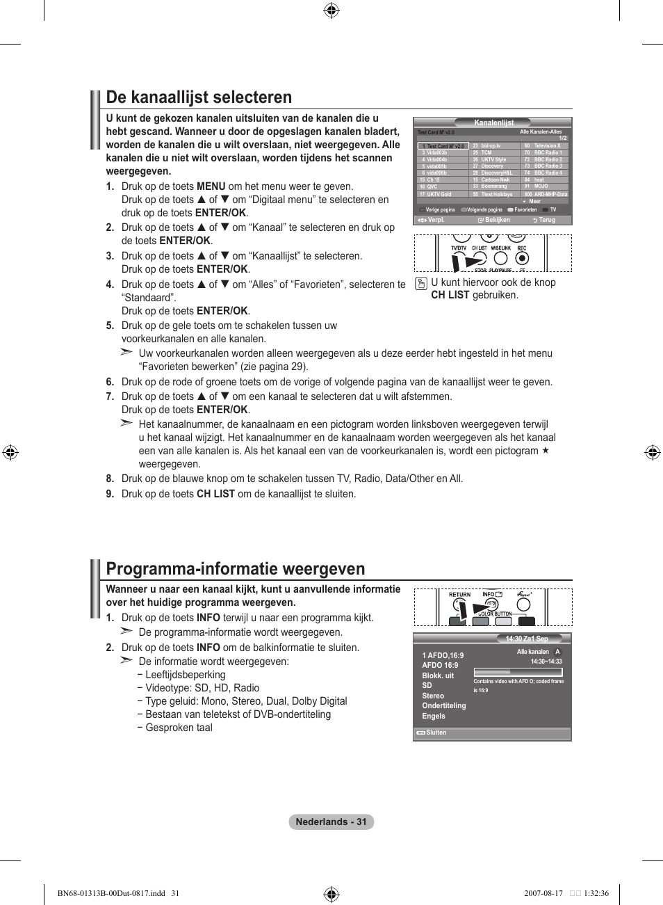 De kanaallijst selecteren, Programma-informatie weergeven | Samsung LE52F96BD User Manual | Page 225 / 516