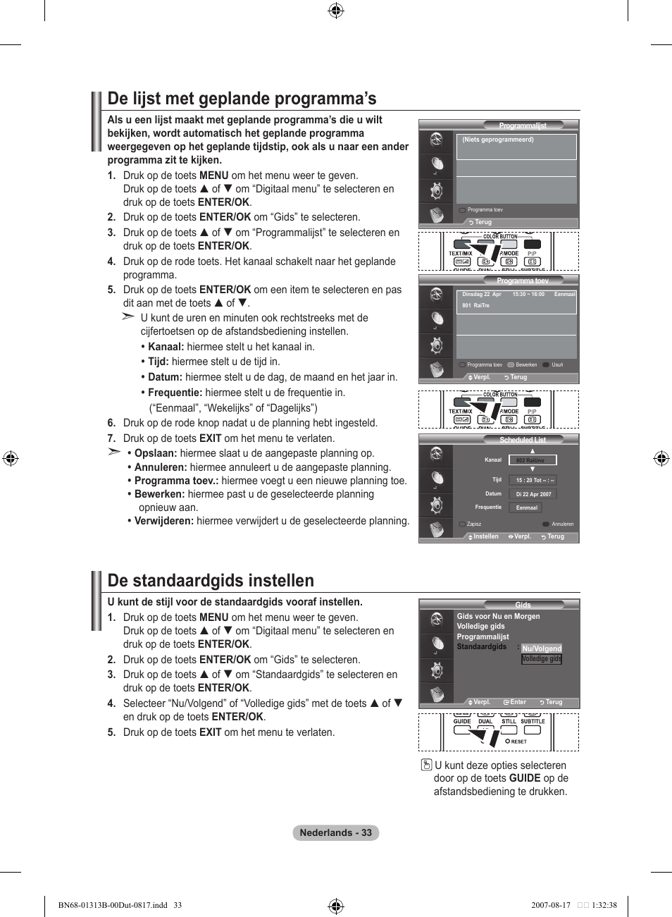 De lijst met geplande programma’s, De standaardgids instellen | Samsung LE52F96BD User Manual | Page 227 / 516
