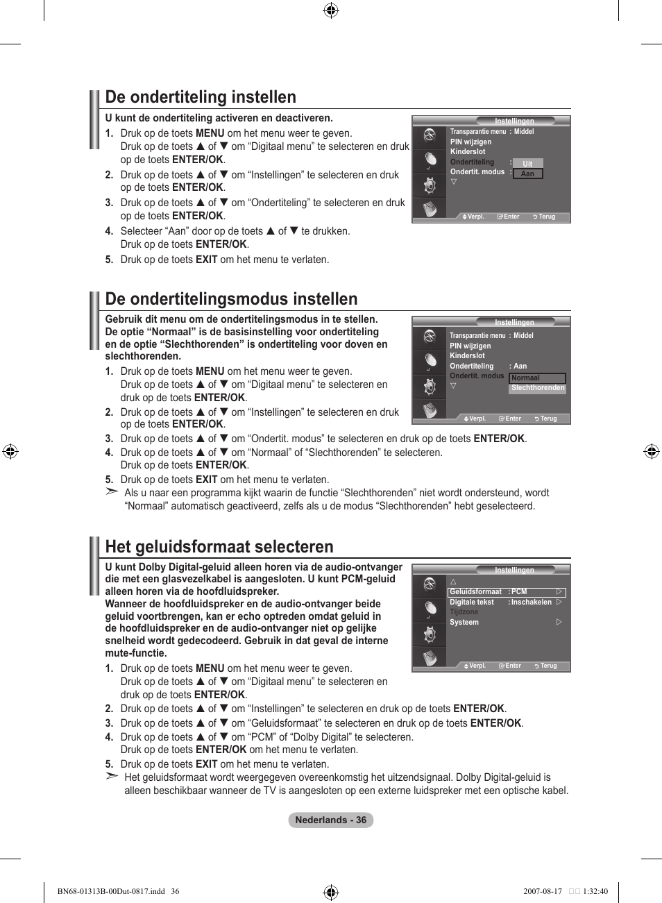 De ondertiteling instellen, De ondertitelingsmodus instellen, Het geluidsformaat selecteren | Samsung LE52F96BD User Manual | Page 230 / 516
