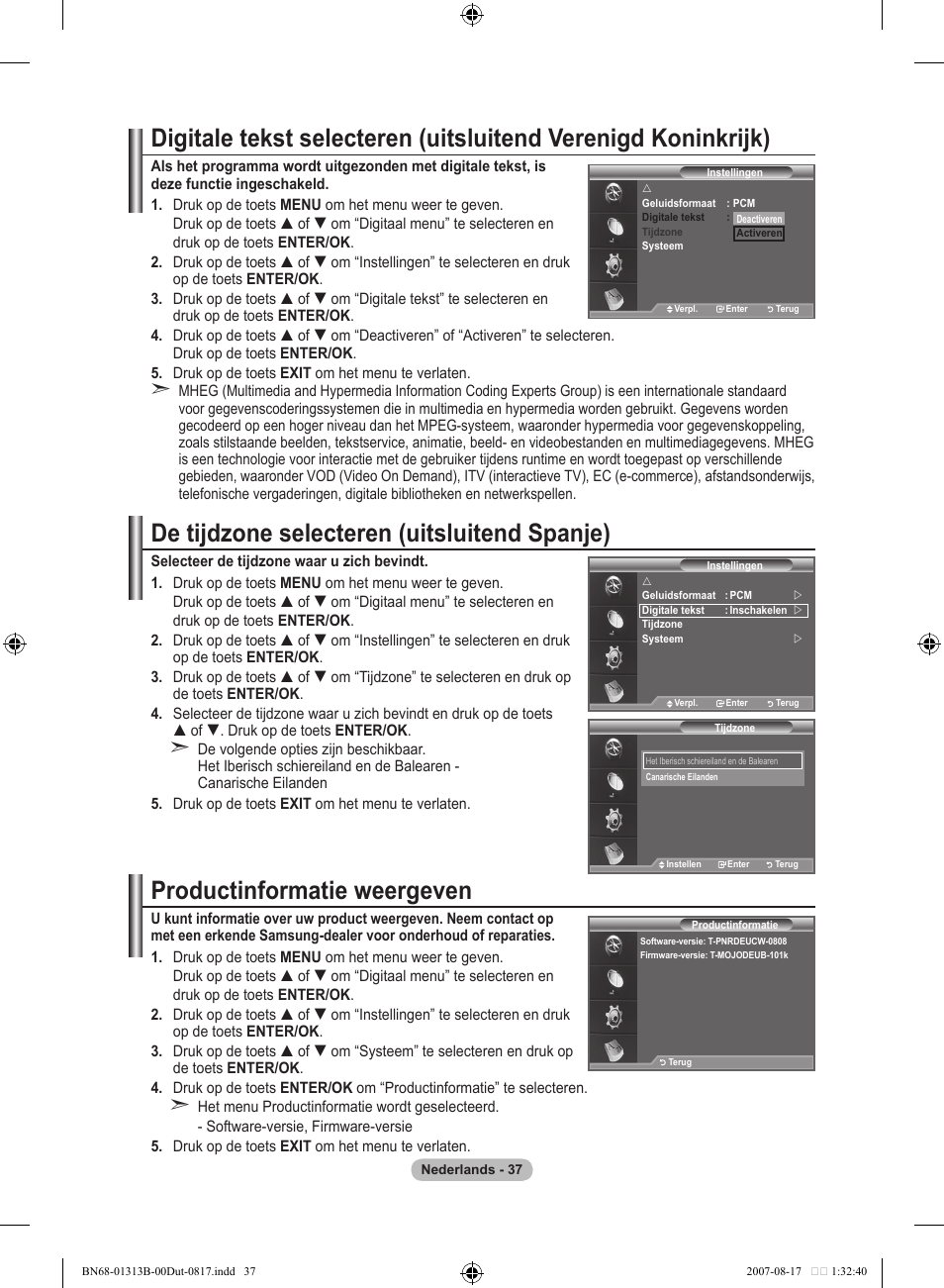 De tijdzone selecteren (uitsluitend spanje), Productinformatie weergeven | Samsung LE52F96BD User Manual | Page 231 / 516