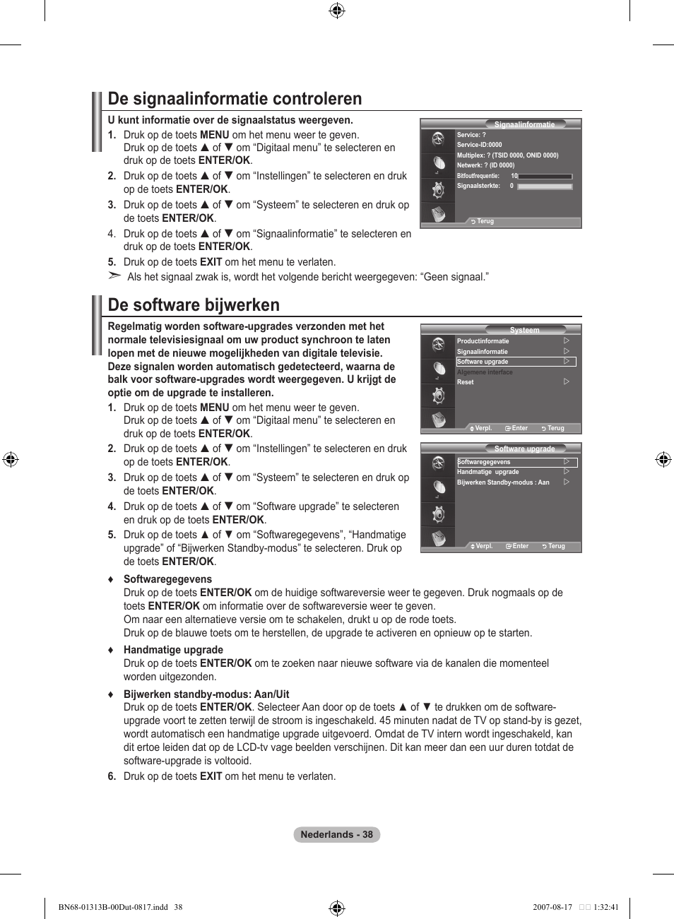 De signaalinformatie controleren, De software bijwerken | Samsung LE52F96BD User Manual | Page 232 / 516