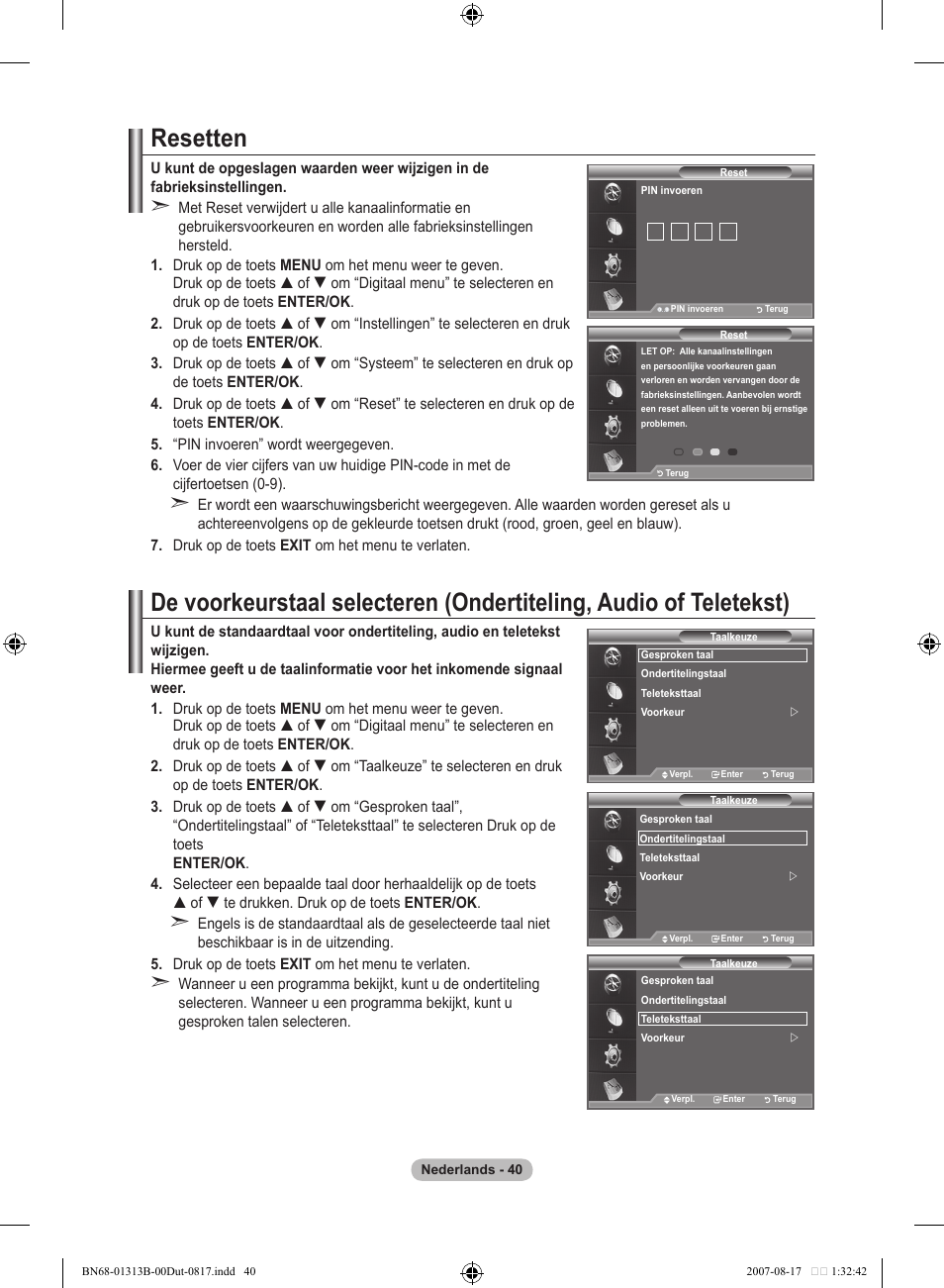 Resetten | Samsung LE52F96BD User Manual | Page 234 / 516