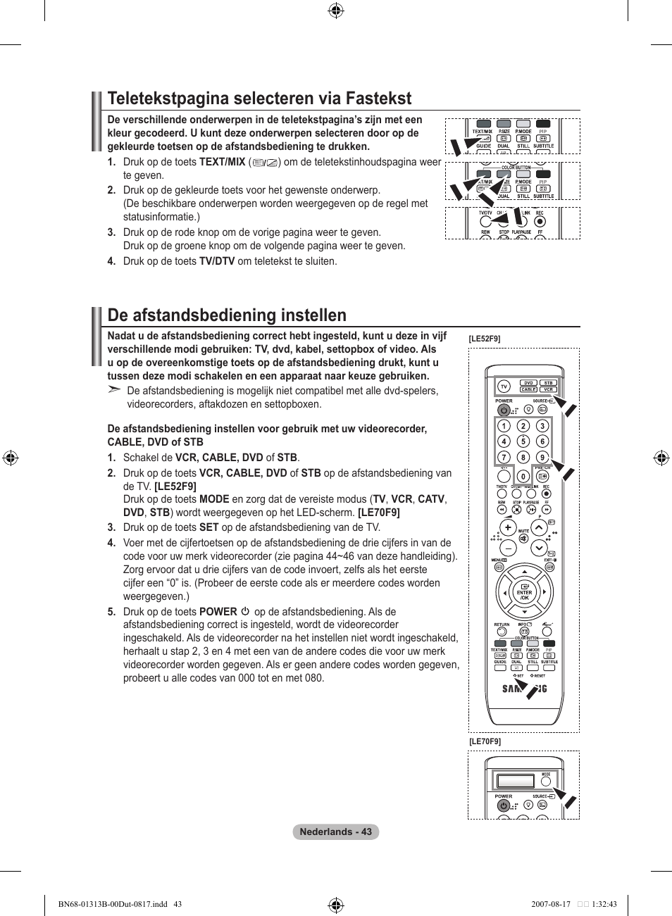 Teletekstpagina selecteren via fastekst, De afstandsbediening instellen | Samsung LE52F96BD User Manual | Page 237 / 516