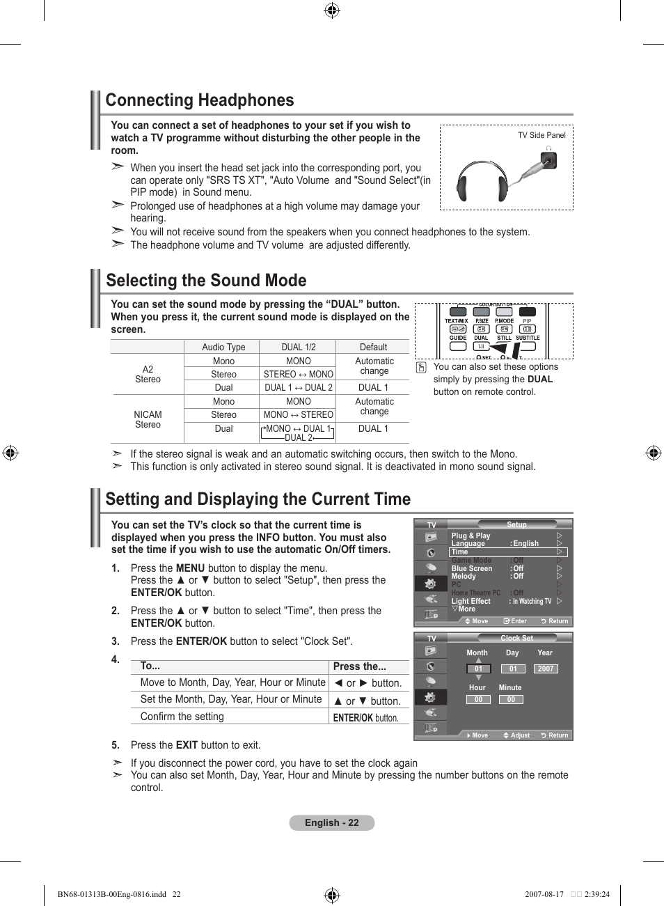 Connecting headphones, Selecting the sound mode, Setting and displaying the current time | Samsung LE52F96BD User Manual | Page 24 / 516