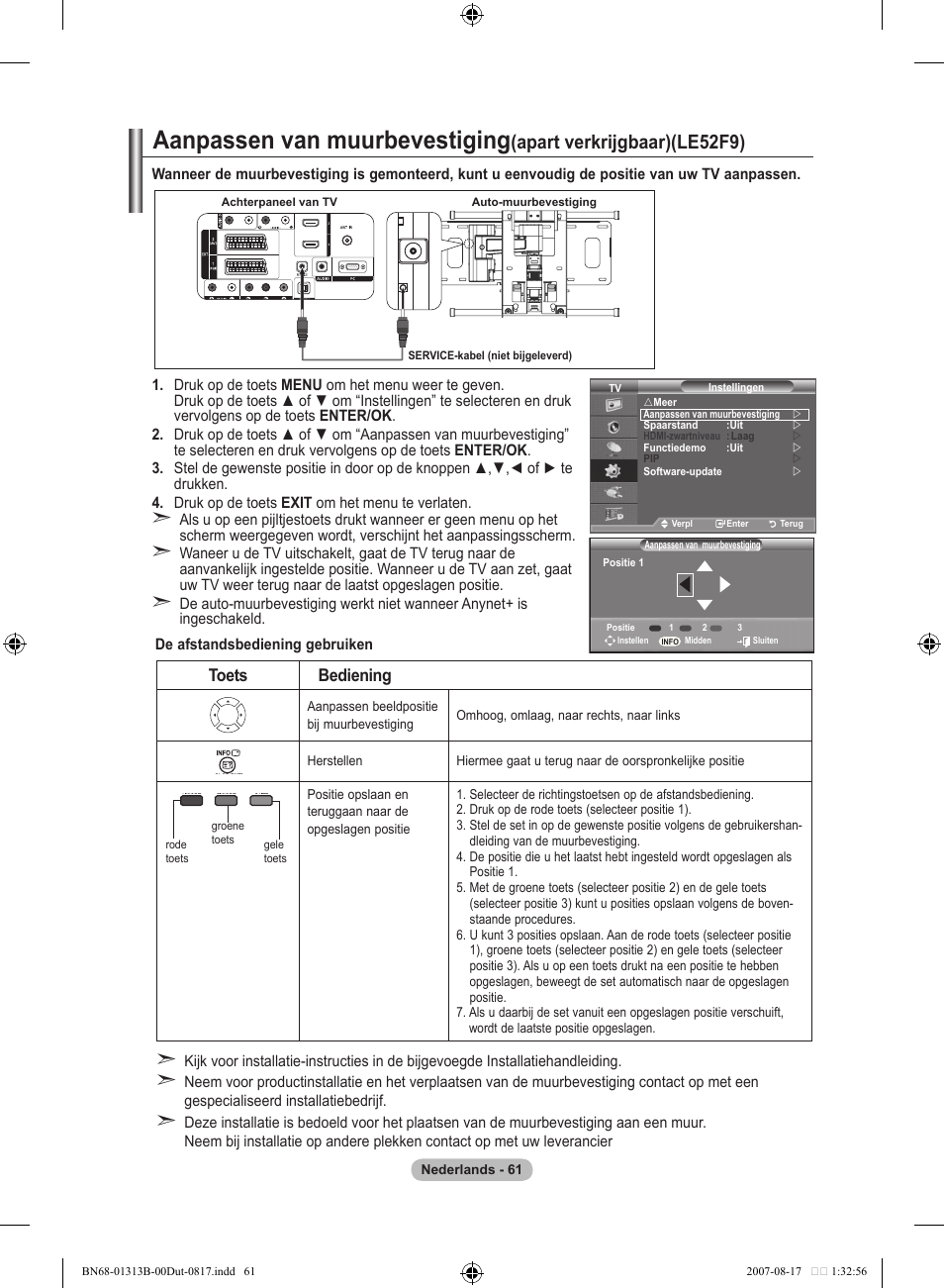 Aanpassen van muurbevestiging, Apart verkrijgbaar)(le5f9), Toets bediening | Samsung LE52F96BD User Manual | Page 255 / 516