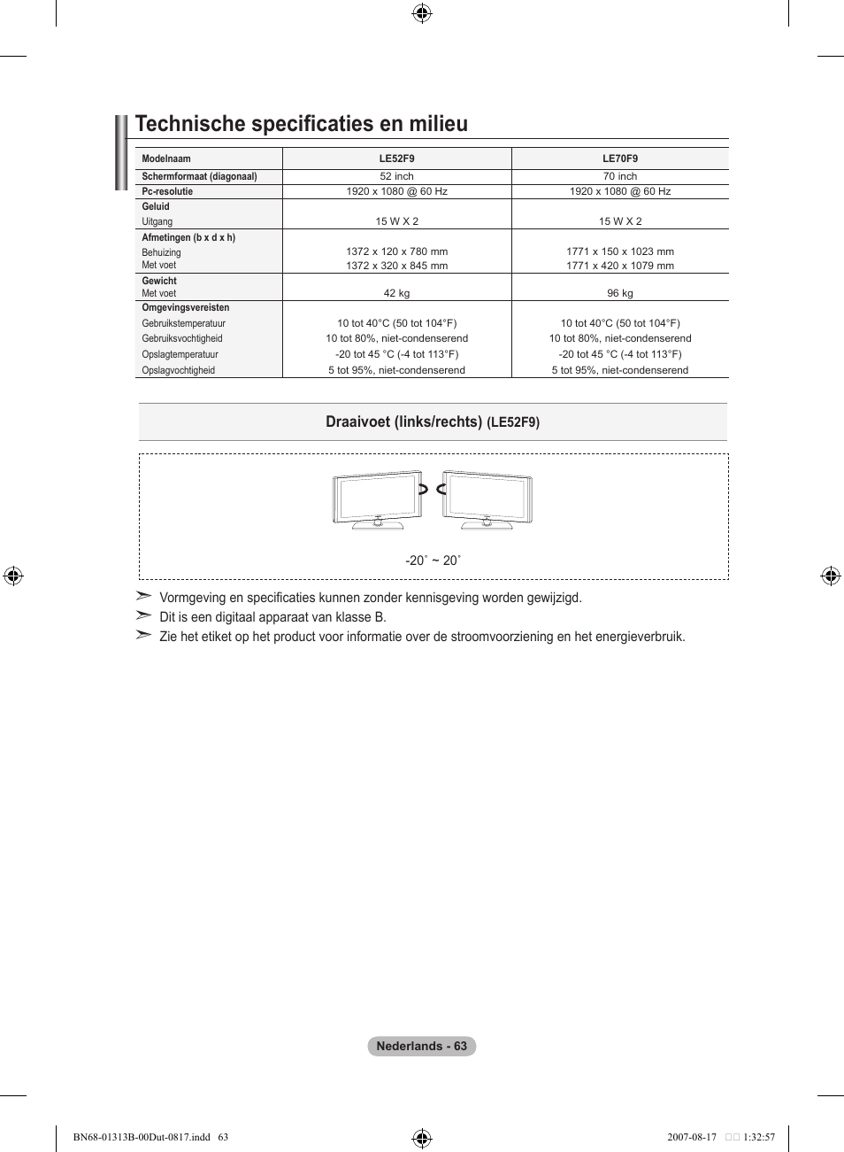 Technische specificaties en milieu, Draaivoet (links/rechts) | Samsung LE52F96BD User Manual | Page 257 / 516