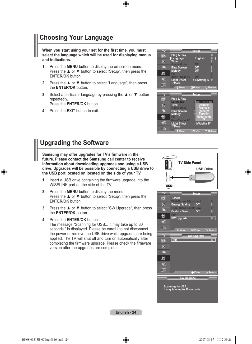 Function description, Choosing your language, Upgrading the software | Samsung LE52F96BD User Manual | Page 26 / 516