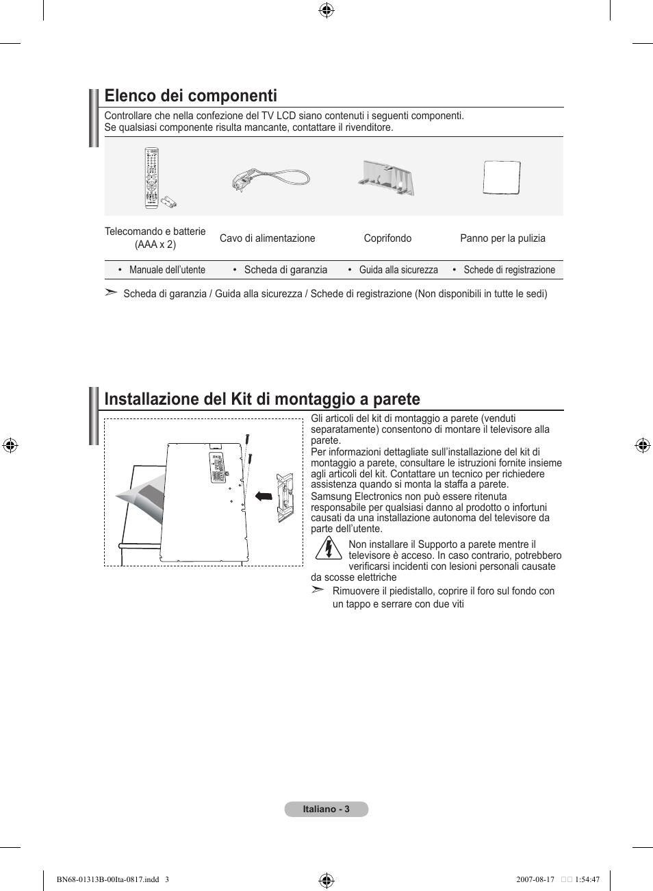 Elenco dei componenti, Installazione del kit di montaggio a parete | Samsung LE52F96BD User Manual | Page 261 / 516