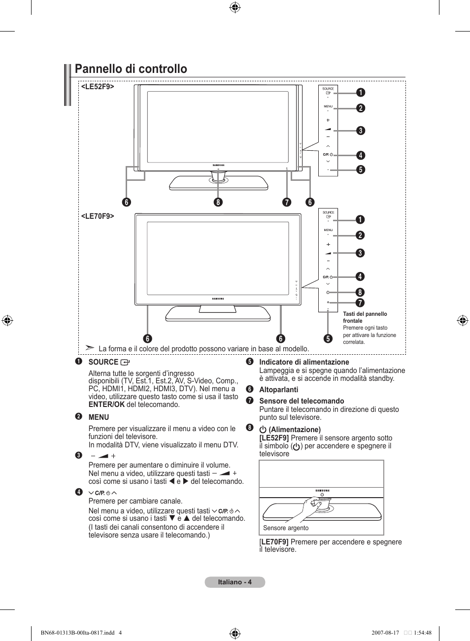 Pannello di controllo | Samsung LE52F96BD User Manual | Page 262 / 516
