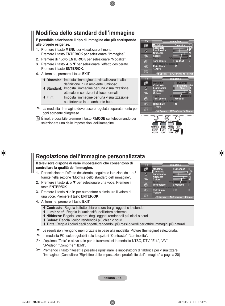 Modifica dello standard dell’immagine, Regolazione dell’immagine personalizzata | Samsung LE52F96BD User Manual | Page 273 / 516